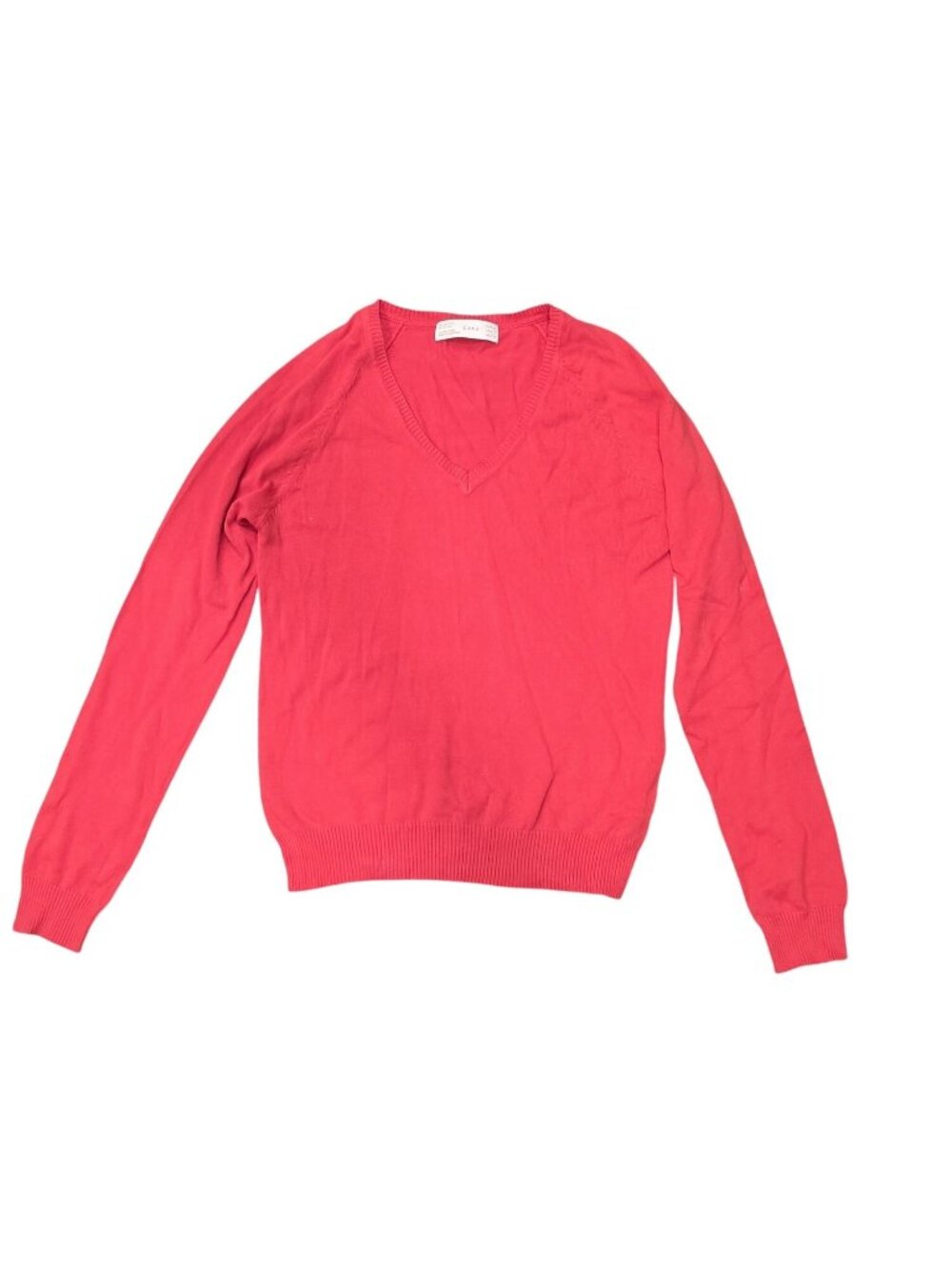 Zara Women Red V-Neck Long-Sleeve Knit Sweater Lightweight Cotton Blend Sz Large